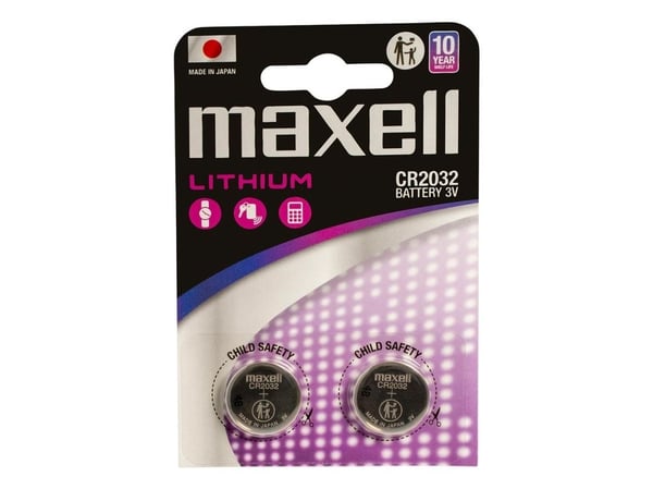 Maxell 12238500, Engangsbatteri, CR2032, Lithium-Manganese Dioxide (LiMnO2), 3 V, 2 stykker, 220 mAh