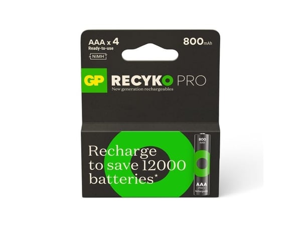 GP Batteries ReCyko Pro B26184, 800 mAh, Nikkelmetallhydrid (NiMH), AAA, 1,2 V, Svart, Grønn, 4 stykker