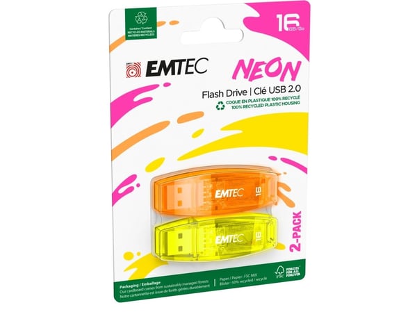 Emtec C410 Neon, 16 GB, USB A-tyyppi, 2.0, 15 MB/s, Suojus, Oranssi, Keltainen