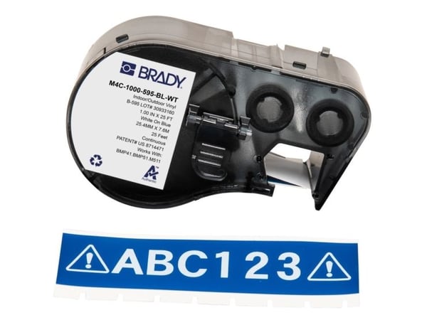 Brady - Vinyl - blank - permanent aggressivt akryllim - 102 mikroner - hvitt på blått - Rull (2,54 cm x 7,62 m) 1 kassett(er) etikettmagasin