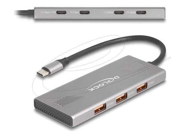 Delock - Hubb - 10 Gbps, med Power Delivery 80 Watt - 4 x USB-C 3.2 Gen 2 + 3 x USB 3.2 Gen 2 - skrivbordsmodell