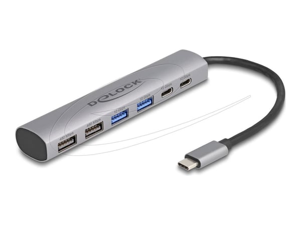 Delock 6-porters USB-hub med 4 x USB Type-A-kontakt og 2 x USB Type-C-kontakt