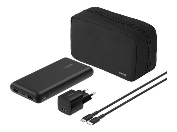 Belkin BoostCharge - Strømbank + AC-strømadapter - 20000 mAh - PD - 3 utgangskontakter (USB-C, 2 x USB) - på kabel: USB-C - Europa - med pose med g...