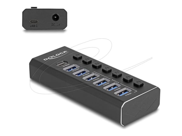 Delock 7-portars USB-hubb med 3 portar 10 Gbps och 4 snabbladdningsportar 5 Gbps med strömbrytare och belysning