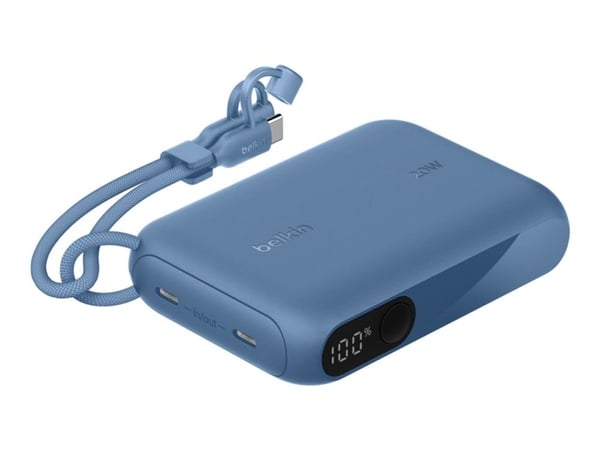 Belkin BoostCharge - Strømbank - med skjerm - 10000 mAh - 20 watt - PD - 2 utgangskontakter (USB-C) - på kabel: USB-C - blå