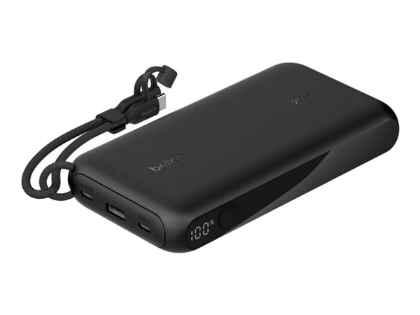 Belkin BoostCharge - Strømbank - med skjerm - 20000 mAh - 20 watt - PD - 3 utgangskontakter (2 x USB-C, USB) - på kabel: USB-C - svart