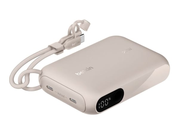 Belkin BoostCharge - Strømbank - med skjerm - 10000 mAh - 20 watt - PD - 2 utgangskontakter (USB-C) - på kabel: USB-C - sand