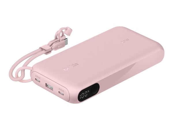 Belkin BoostCharge - Powerbank - näytöllä - 20000 mAh - 20 Watt - PD - 3 lähtöliitäntää (2 x USB-C, USB) - kaapelissa: USB-C - vaaleanpunainen väri