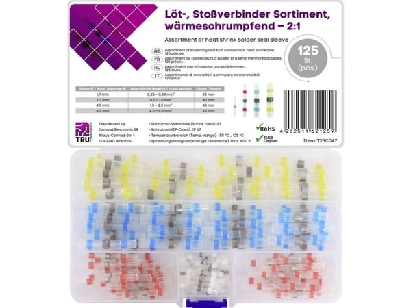 TRU COMPONENTS T25C047 Puristusliitin Puristusletkulla 0,25 mm² 6,0 mm² Täysin eristetty Valkoinen, Punainen, Sininen, Keltainen 125 kpl