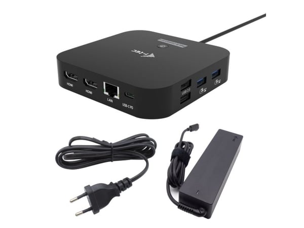 i-tec USB-C Dual HDMI 2xHDMI 4K 60Hz 2x USB-C (10Gbps+5Gbps) 4x USB-A (2x5Gbps) Strømforsyning 100W LAN Audio + universallader 100W