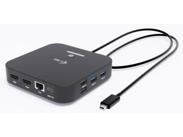 i-tec USB-C Dual HDMI 2xHDMI 4K 60Hz 2x USB-C (10Gbps+5Gbps) 4x USB-A (2x5Gbps) Strømforsyning 100W LAN Audio + universallader 100W