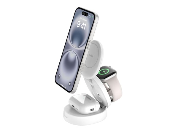 Belkin BoostCharge - Trådløst ladestativ - 3-i-1, magnetisk, kompakt + AC-strømadapter - 15 watt - hvit