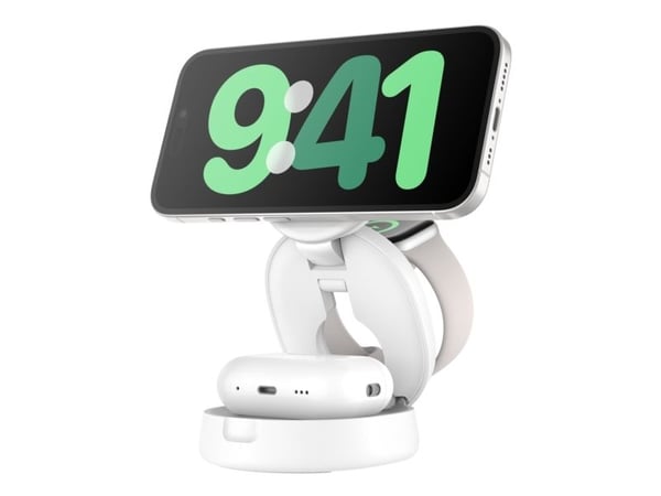 Belkin BoostCharge - Trådløst ladestativ - 3-i-1, magnetisk, kompakt + AC-strømadapter - 15 watt - hvit