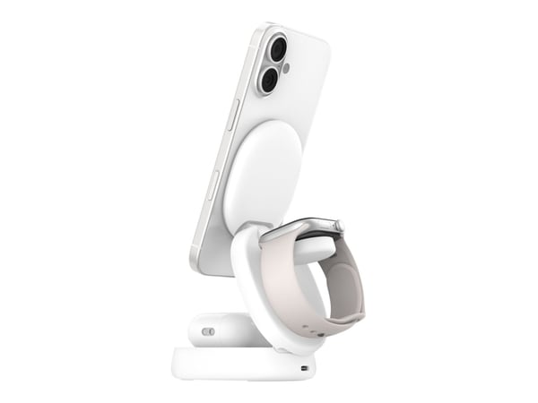 Belkin BoostCharge - Trådløst ladestativ - 3-i-1, magnetisk, kompakt + AC-strømadapter - 15 watt - hvit