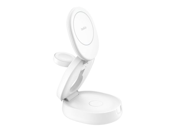 Belkin BoostCharge - Trådløst ladestativ - 3-i-1, magnetisk, kompakt + AC-strømadapter - 15 watt - hvit