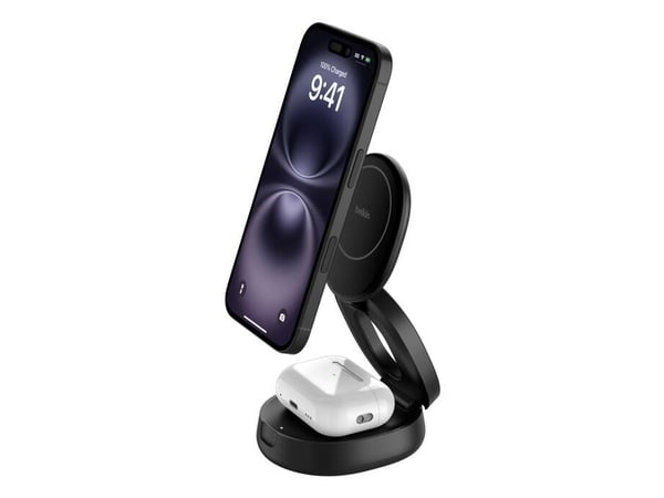 Belkin BoostCharge - Trådlöst laddställ - 2-i-1, Qi2, magnetisk, vikbar + växelströmsadapter - 15 Watt - svart