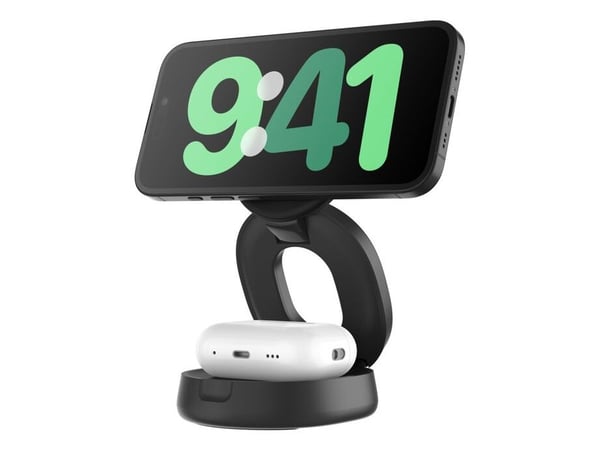Belkin BoostCharge - Trådløst ladestativ - 2-i-1, Qi2, magnetisk, sammenleggbar + AC-strømadapter - 15 watt - svart