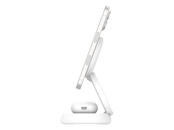 Belkin BoostCharge - Trådløst ladestativ - 2-i-1, Qi2, magnetisk, sammenleggbar + AC-strømadapter - 15 watt - hvit