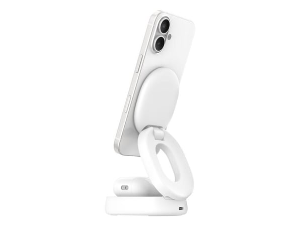 Belkin BoostCharge - Trådløst ladestativ - 2-i-1, Qi2, magnetisk, sammenleggbar + AC-strømadapter - 15 watt - hvit