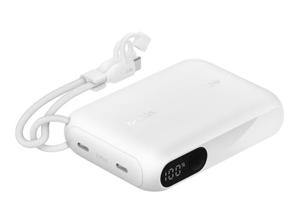 Belkin BoostCharge - Strømbank - med skjerm - 10000 mAh - 20 watt - PD, Fast Charge - 2 utgangskontakter (USB-C) - på kabel: USB-C - hvit