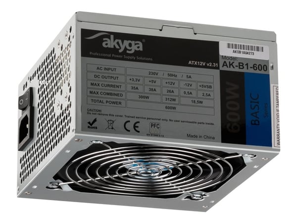 Akyga Basic Series AK-B1-600 - Nätaggregat (intern) - ATX12V 2.31 - AC 230 V - 600 Watt - PFC - grå