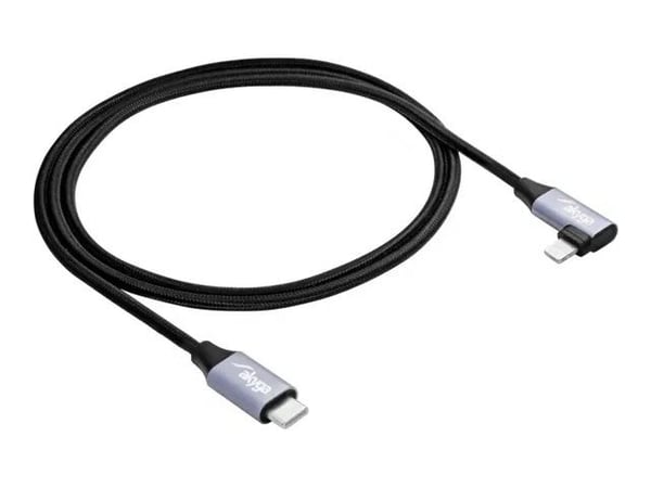 Akyga - Lightning-kabel - USB-C hann til Lightning hann vinklet - 1 m - svart - opp til 30 W strømforsyningsstøtte, flettet