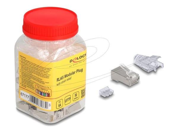 Delock RJ45 modulaarinen pistoke Cat.6A taivutussuojahylsyllä läpinäkyvä 50 kpl:n setti Delock RJ45 modulaarinen pistoke Cat.6A taivutussuojahylsyllä läpinäkyvä 50 kpl:n setti