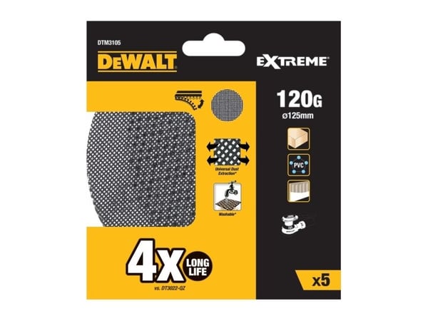 Extreme DeWALT - Hiontapaperilevy - puulle, metallille, maalille, polyvinyylikloridille (PVC) - 5 kpl - 125 mm - pyöreä - karkeus: 120