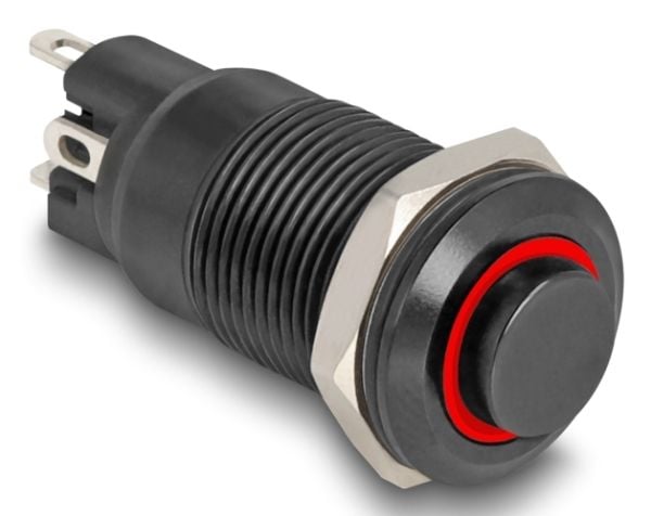 Delock trykkbryter for montering svart 12 mm 12 V 4 x loddetilkobling LED rød ring