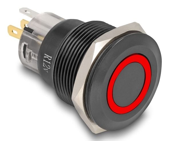Delock trykkbryter for montering svart 22 mm 12 V 5 x loddetilkobling LED rød ring