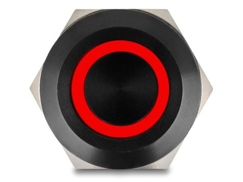 Delock trykkbryter for montering svart 22 mm 12 V 5 x loddetilkobling LED rød ring