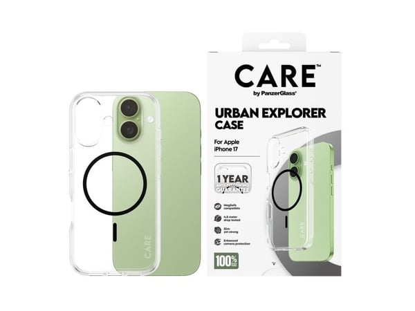 PanzerGlass CARE™ by ® Urban Explorer Case Transparent w. Black MagSafe iPhone 17, Etui, Apple, Apple - iPhone 17, Svart
