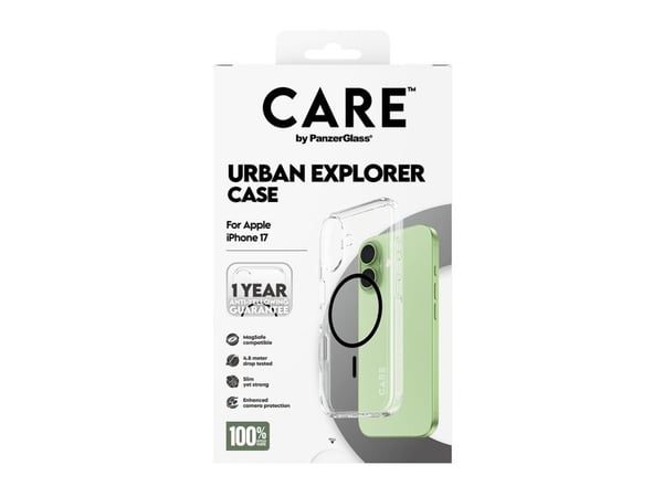 PanzerGlass CARE™ by ® Urban Explorer Case Transparent w. Black MagSafe iPhone 17, Etui, Apple, Apple - iPhone 17, Svart