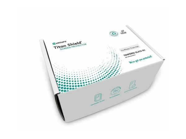 eSTUFF Titan Shield - Skjermbeskyttelse for mobiltelefon - full deksel - glass - rammefarge svart (en pakke 50) - for Apple iPhone 15 Pro Max