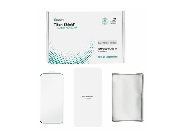 eSTUFF Titan Shield - Skjermbeskyttelse for mobiltelefon - full deksel - glass - rammefarge svart (en pakke 50) - for Apple iPhone 15 Pro Max
