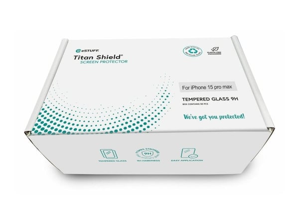 eSTUFF Titan Shield - Skjermbeskyttelse for mobiltelefon - full deksel - glass - rammefarge svart (en pakke 50) - for Apple iPhone 15 Pro Max