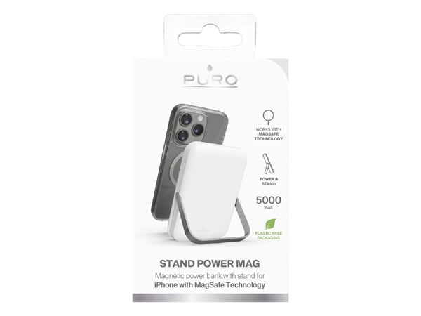 PURO Stand Power Mag, 5000 mAh, Lithium Polymer (LiPo), Trådløs lading, 5 V, Sølv, Hvit