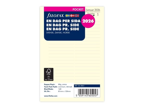 Refill Pocket 2026 Dag Per Siden ruotsiksi/tanskalaiseksi/norjaksi