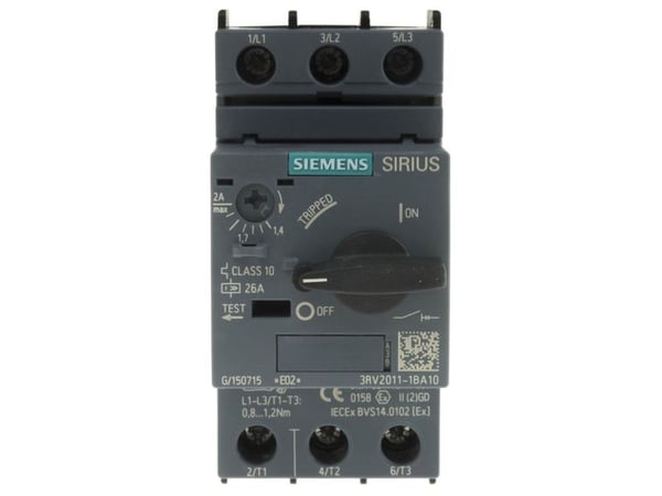 Siemens 3RV2011-1BA10 Katkaisija 1 kpl Asetusalue (virta): 1,4 - 2 A Kytkentäjännite (max.): 690 V/AC (L x K x S) 45 x 97 x 97 mm