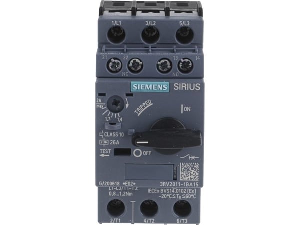 Siemens 3RV2011-1BA15 Katkaisija 1 kpl Asetusalue (virta): 1,4 - 2 A Kytkentäjännite (max.): 690 V/AC (L x K x S) 45 x 97 x 97 mm
