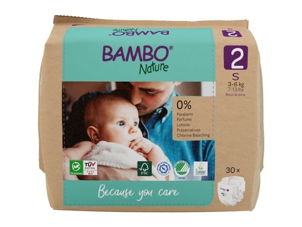 Babybleie, tapebleie, miljømerket, Bambo Nature, 2, papirpose, papirpose, 3-6 kg - (6 pakker x 30 stk.)