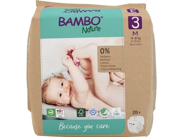 Babybleie, tapebleie, miljømerket, Bambo Nature, 3, papirpose, papirpose, 4-8 kg - (6 pakker x 28 stk.)