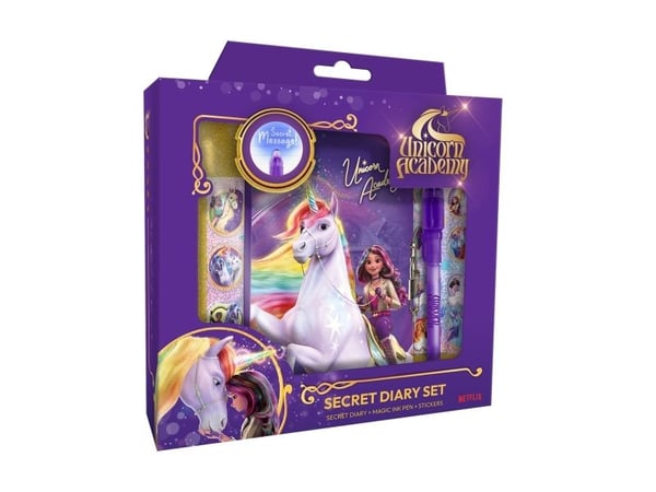 UNICORN ACADEMY Magic Diary - Päiväkirja, jossa on taikamustekynä, lahjapakkaus