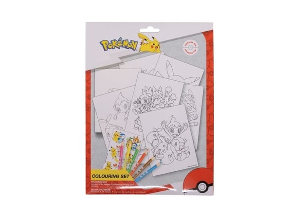 Pokémon fargeleggingssett med fargeark og 6 ferdigspissede fargeblyanter, pakket i polybag med hengekort