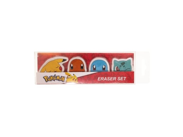 POKÉMON 4-pack suddgummin - 4 formade suddgummin, packade i acetatlåda med eurohål (storlek på låda 5,2 x 16 cm)