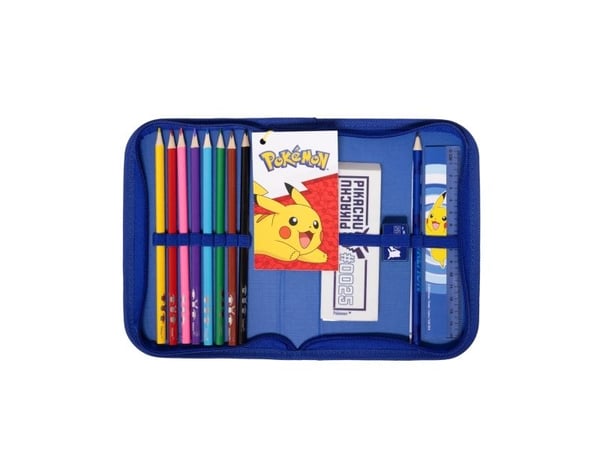 POKÉMON Filled single decker pencil case, 300D rich nylon,20 x 12.8 x 3 cm. Contents: 8 triangular sharpened colour pencils, 1 triangular sharpene...
