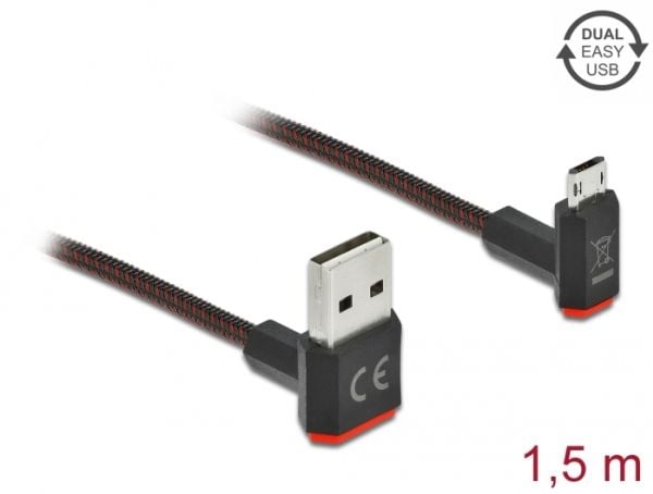 Delock Easy - USB-kabel - USB (hann) opp/ned-vinklet, vendbar til Micro-USB type B (hann) opp/ned-vinklet, vendbar - 1.5 m - svart