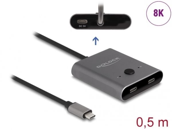Delock Switch 2 to 1 - Hub - toveis, 8K, 10 Gbps - 2 x USB-C (Power Delivery) - stasjonær