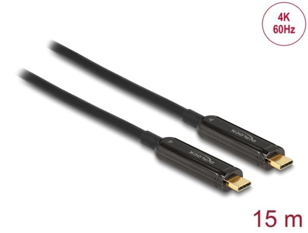 Delock - Video/lydkabel - USB-C hann til USB-C hann - 15 m - fiberoptisk - svart - Active Optical Cable (AOC), støtte for 4K 60 Hz (3840 x 2160)