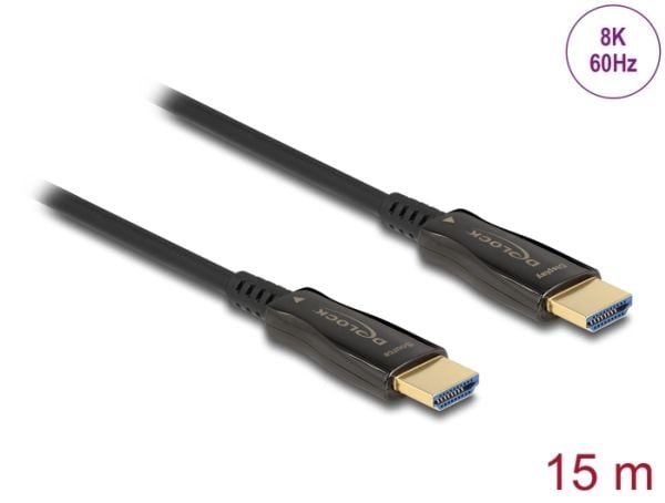 Delock høyhastighets - HDMI-kabel - HDMI hann til HDMI hann - 15 m - fiberoptisk - svart - støtter 8K 60 Hz (7680 x 4320)